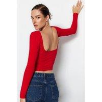 HOXTON GAL Women's Cotton Rich Long Sleeve Top - Open Back Detail in Red | Size: Small