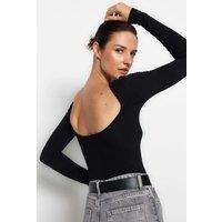 HOXTON GAL Women's Cotton Rich Long Sleeve Top - Open Back Detail in Black | Size: Large