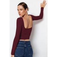 HOXTON GAL Women's Cotton Rich Long Sleeve Top - Open Back Detail in Burgundy | Size: XL