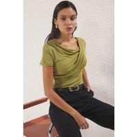 HOXTON GAL Women's Draped Front Fitted Knit Top with Short Sleeve in Stone | Size: Medium