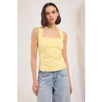 HOXTON GAL Women's Square Neck Ruched Stretch Knit Top in Yellow | Size: Medium