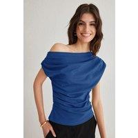 HOXTON GAL Women's Regular Fit Asymmetric Off-Shoulder Draped Knit Blouse in Indigo | Size: Medium
