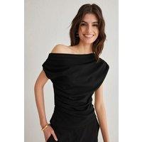 HOXTON GAL Women's Regular Fit Asymmetric Off-Shoulder Draped Knit Blouse in Black | Size: Large