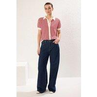 HOXTON GAL Women's Fitted Striped Polo Knit Top with Short Sleeve in Red | Size: Small