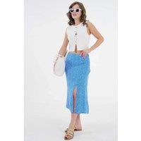 HOXTON GAL Women's Plain Midi Woven Skirt with Slit Detail in Blue | Size: 12