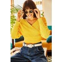 HOXTON GAL Women's Front & Back V-Neck Cropped Regular Fit Knit Sweater in Yellow | Size: Large