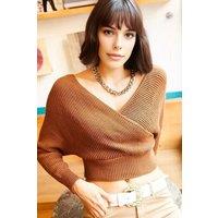 HOXTON GAL Women's Front & Back V-Neck Cropped Regular Fit Knit Sweater in Brown | Size: Large