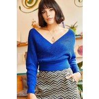 HOXTON GAL Women's Front & Back V-Neck Cropped Regular Fit Knit Sweater in Blue | Size: Small