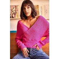 HOXTON GAL Women's Front & Back V-Neck Cropped Regular Fit Knit Sweater in Fuchsia | Size: Large