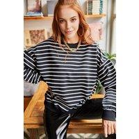 HOXTON GAL Women's Flared Sleeve Crew Neck Stripe Patterned Sweatshirt in Black | Size: Medium