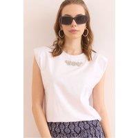 HOXTON GAL Women's Cotton Blouse With Padded Shoulders & Stone Embellishment in White | Size: Medium