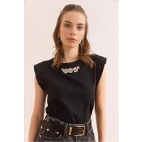 HOXTON GAL Women's Cotton Blouse With Padded Shoulders & Stone Embellishment in Black | Size: Medium