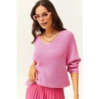 HOXTON GAL Women's V-Neck Fisherman Rib Knit Jumper in Pink | Size: Medium