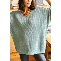 HOXTON GAL Women's V-Neck Fisherman Rib Knit Jumper in Mint | Size: Large