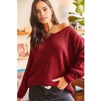 HOXTON GAL Women's V-Neck Fisherman Rib Knit Jumper in Burgundy | Size: Medium