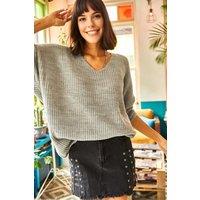 HOXTON GAL Women's V-Neck Fisherman Rib Knit Jumper in Grey | Size: Large