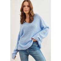 HOXTON GAL Women's V-Neck Fisherman Rib Knit Jumper in Baby Blue | Size: Large