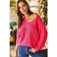 HOXTON GAL Women's V-Neck Fisherman Rib Knit Jumper in Fuchsia | Size: Large