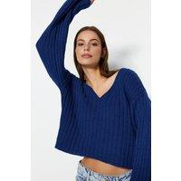 HOXTON GAL Women's Oversized Mercerized Wool Blend Knit Sweater in Navy | Size: Large