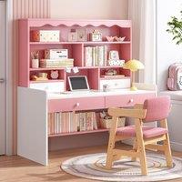 Hygrad Built to Survive Girl's Wooden Pink/White Free Standing Study Table Desk With Shelves & Drawers For Kids Children Home in Pink