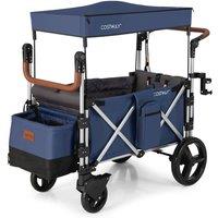 Costway Baby Twin Stroller Wagon 2 Toddlers Push Pull Stroller Wagon w/Removable Canopy in Blue
