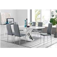 FurnitureboxUK Atlanta Modern Rectangle Chrome Metal High Gloss White Dining Table & 6 Milan Chairs Set in Grey