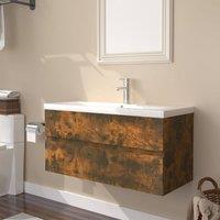 Berkfield Home Sink Cabinet with Built-in Basin Smoked Oak Engineered Wood in Brown