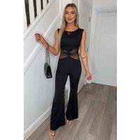 Femme Luxe Women's Black Sleeveless Sheer Mesh Panel Bodycon Jumpsuit | Size: 8-10