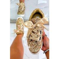Love Lemonade Women's Sparkly Glitter Ribbon Lace Trainers in Gold | Size: 3