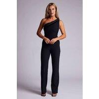 Vesper Women's One Shoulder Satin Contrast Wide Leg Jumpsuit in Black | Size: 14