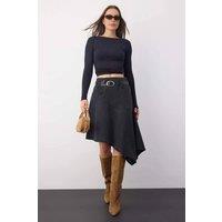 WOVCOR Women's Belted Asymmetrical Midi Denim Skirt in Black | Size: 14