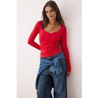 WOVCOR Women's Pleated V-Neck Long Sleeve Knit Blouse in Red | Size: Large
