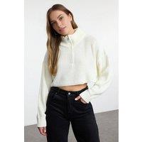WOVCOR Women's Super Crop Knit Sweater with Zipper Detail in Ecru | Size: Medium
