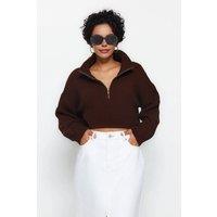 WOVCOR Women's Super Crop Knit Sweater with Zipper Detail in Brown | Size: Small