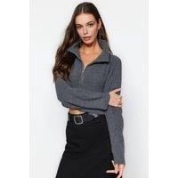 WOVCOR Women's Super Crop Knit Sweater with Zipper Detail in Grey | Size: Medium
