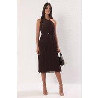 WOVCOR Women's Pleated Chiffon Midi Dress with Belt Detail in Brown | Size: 6