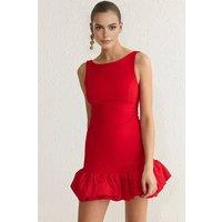 WOVCOR Women's Balloon Hem Mini Woven Dress with Inner Shorts Lining in Red | Size: 8
