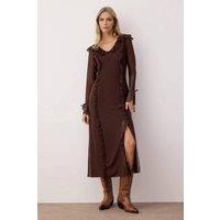WOVCOR Women's Sheer Long Sleeve Ruffle Maxi Knit Dress with Side Slit in Brown | Size: XS