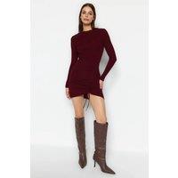 WOVCOR Women's Ruched Ribbed Knit Mini Dress in Burgundy | Size: Small