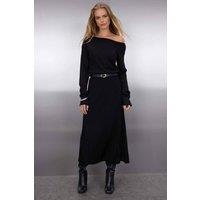 WOVCOR Women's Off-Shoulder Ribbed Knit Belted Maxi Dress in Black | Size: Small