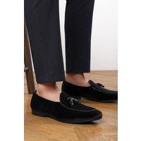 Where's That From Men's 'Evan' Velvet/Patent Tassel Loafer Classic Formal Dress Shoes in Black | Size: 11