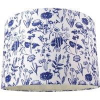 Happy Homewares White Cotton 12 Drum Lamp Shade with Blue Floral Decoration & Inner Lining in Midnight | Size: 12 inches