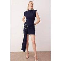 WOVCOR Women's Ruched Mini Stretch Knit Dress with Statement Ring Detail in Navy | Size: 6