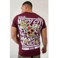 LONDON ATTITUDE Men's Burgundy Mexico City Dia De Los Muertos Skull Graphic T-Shirt | Size: Large