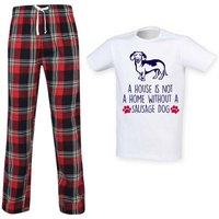 60 SECOND MAKEOVER Men's A House Is Not A Home Without A Sausage Dog Tartan Trouser Pyjamas Set in Red | Size: Large