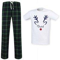 60 SECOND MAKEOVER Men's Personalised Reindeer Tartan Trouser Pyjamas Set in Green | Size: XL