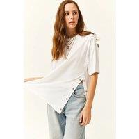 HOXTON GAL Women's Regular Fit 100% Cotton T-Shirt with Side Buttons in White | Size: Medium