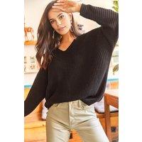 HOXTON GAL Women's V-Neck Fisherman Rib Knit Jumper in Black | Size: Medium