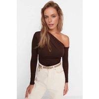 WOVCOR Women's One Shoulder Asymmetric Long Sleeve Bodysuit in Brown | Size: XL
