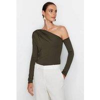 WOVCOR Women's One Shoulder Asymmetric Long Sleeve Bodysuit in Khaki | Size: XL